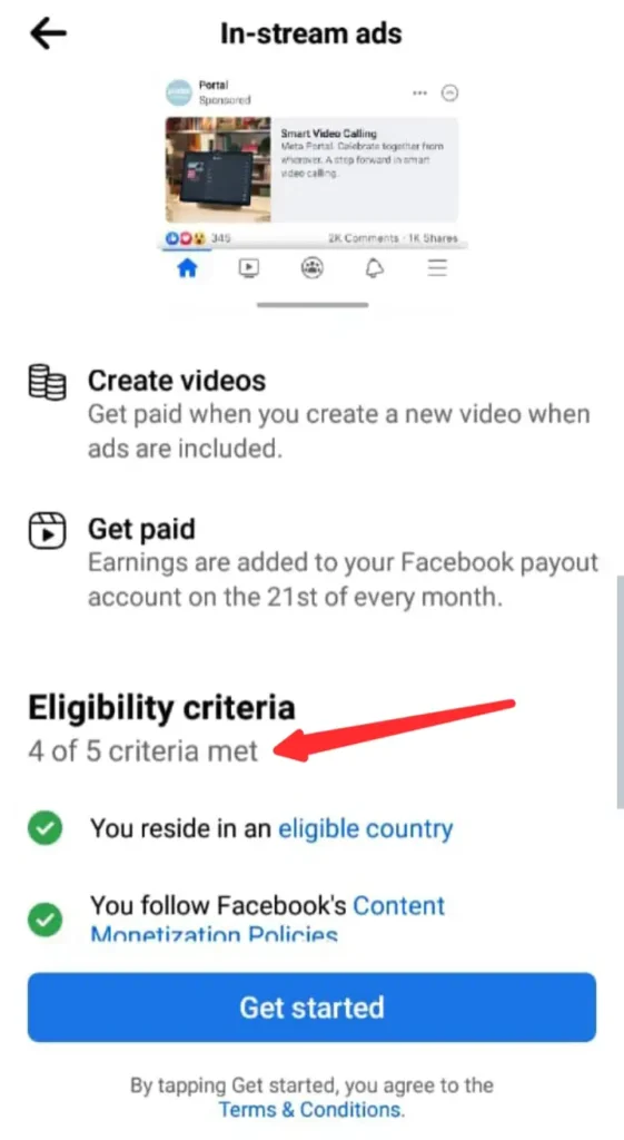 Eligibility criteria for In-Stream ads Facebook monetization