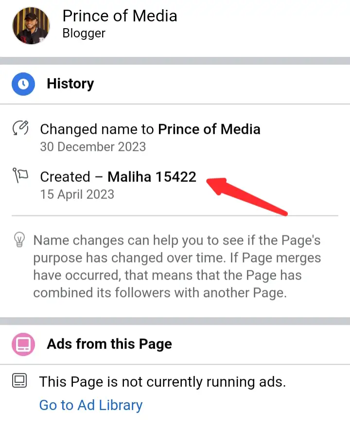 Facebook Page name change history